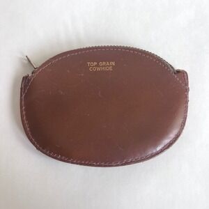 Vintage Brown Top Grain Cowhide Leather Coin Purse Oval Zip Pouch Talon Zipper